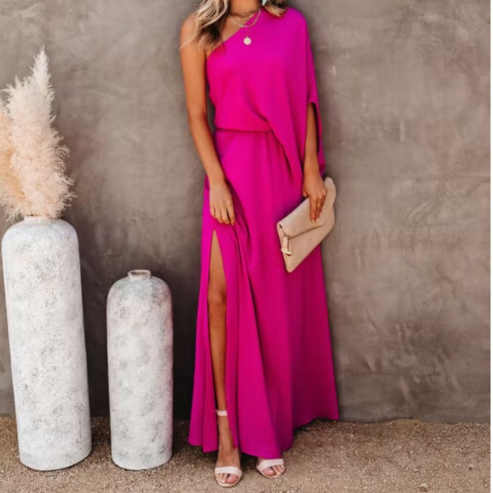 VICI FROM THE SOURCE ONE SHOULDER MAXI DRESS - FUCHSIA